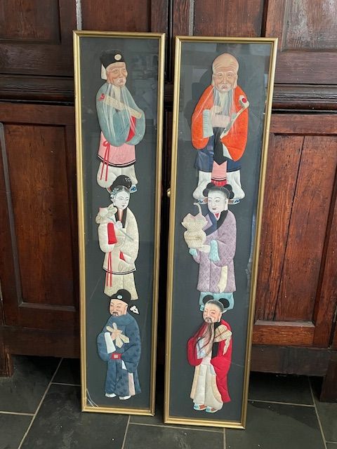 A Pair Of Framed Chinese Fabric And Paper Figures 1930’s
