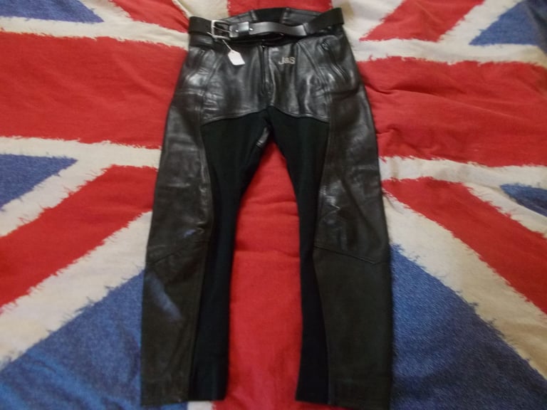 image for J&S Black Leather Motorcycle Trousers with Belt Size 16 Armoured