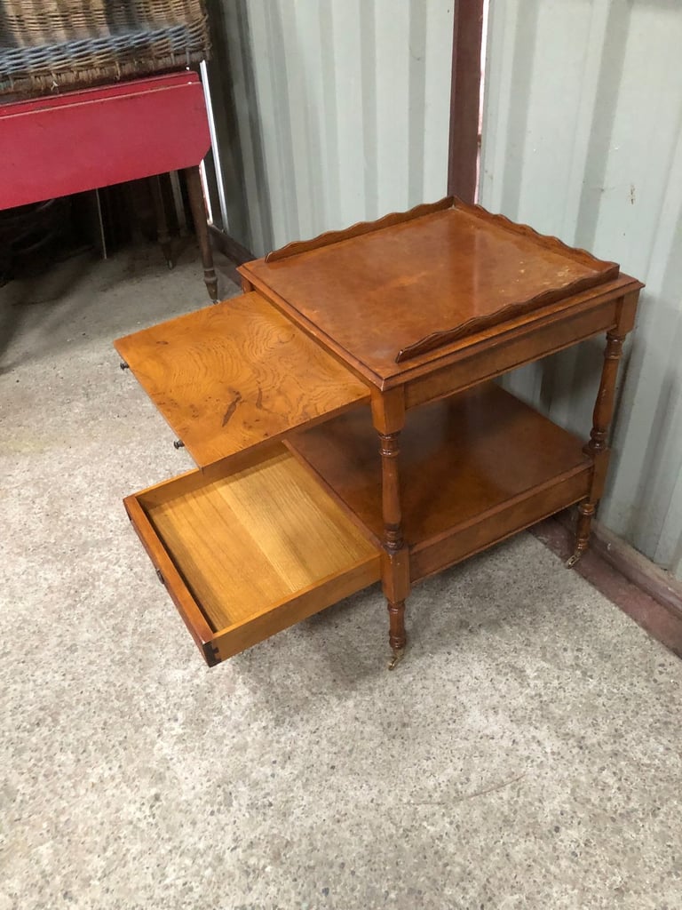 Small Antique Table with Drawer and Gallery on Wheels, good condition