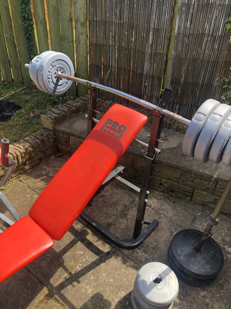 Weights bench, 2 bars, weights and sit up bench 