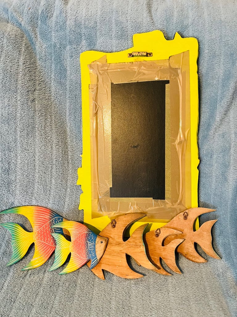 FISH MIRROR & WOODEN FISH. VERY COLOURFUL. Medium Size.  