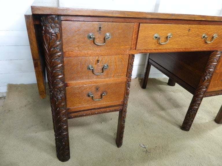 Solid Oak Heavily Carved Pedestal desk