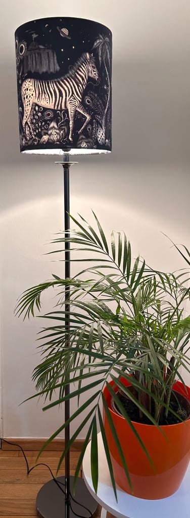 Tall floor / standard lamp with BN Emma Shipley  Zebra Lost World shade in velvet 🦓