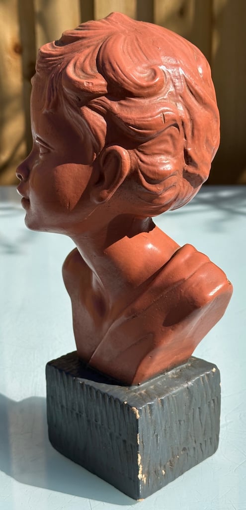ANTIQUE FRENCH PLASTER BUST OF A YOUNG BOY, PAINTED CHALKWARE STATUE, 27cm tall - 1900s - WILL POST!