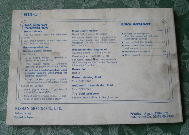 Nissan Sunny, Owners Manual, 1986