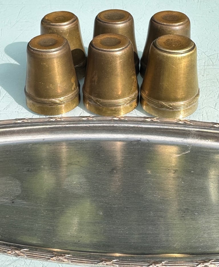 ANTIQUE FRENCH HUNTING SHOT CUP SET OF SIX STIRRUP CUPS & TRAY - 1900s - WILL POST!
