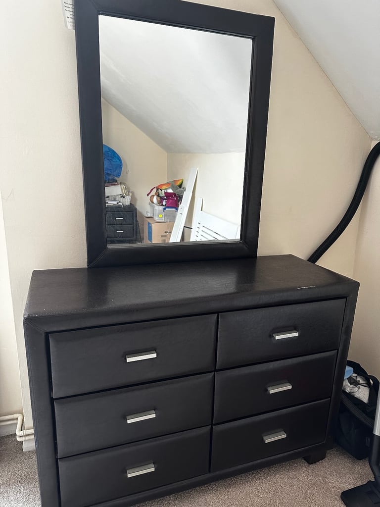 image for Black faux leather vanity with mirror and 6 drawers 