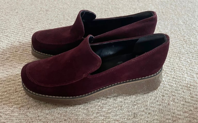 Clarks Burgundy Suede Low Wedge Loafers