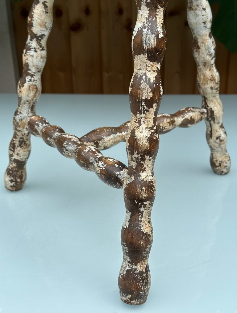 VINTAGE FRENCH BOBBIN LEG STOOL, DEMI LUNE TRIPOD PLANT STAND SIDE TABLE - H46cm - WILL POST!