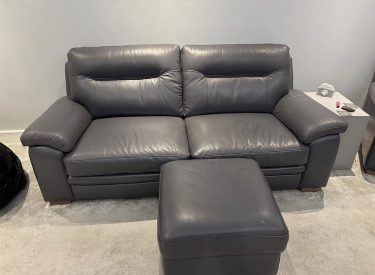 image for DFS Grey Leather Sofa Set 3 & 2 Seater with Foot Stool