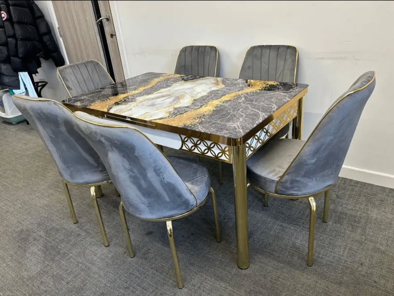 Luxury Marble Dining Table Set with 6 Velvet Chairs – Gold Legs, Modern Design