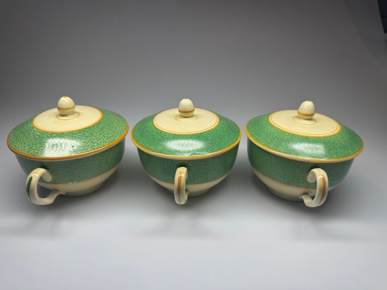 image for Vintage Mintons Lidded Soup Cups (x3) – Green & Cream Glaze, England – Rare Design