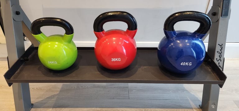 4-41kg cast iron neoprene kettlebell set & two tier rack *IMMACULATE*