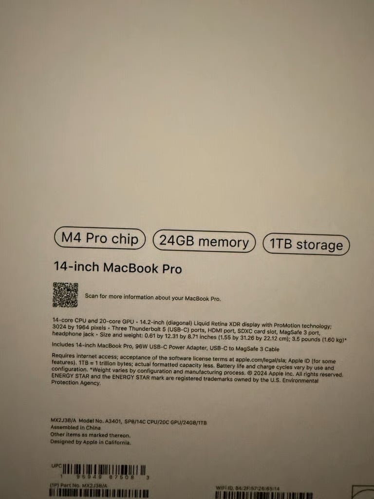 Apple MacBook Pro 14inch (1TB SSD, Apple M4 Pro, 24GB RAM) - Space Black - UK Spec - New