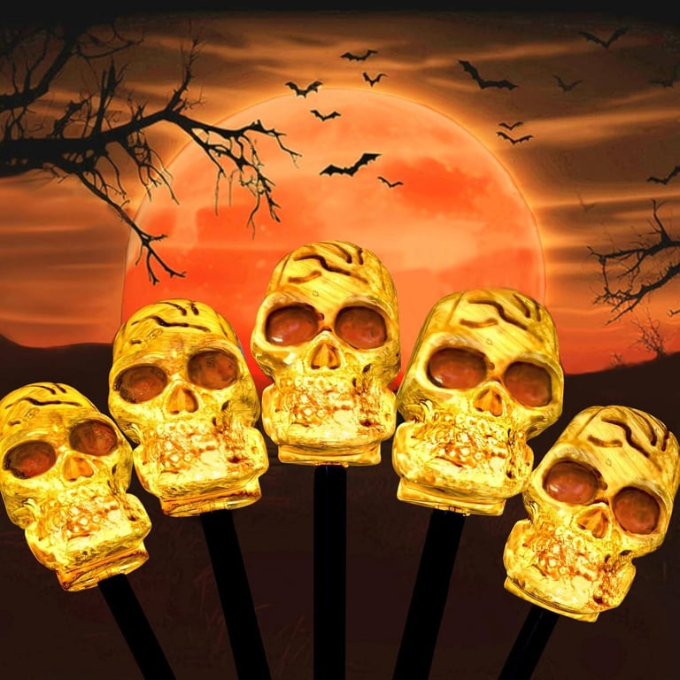 image for new in packaging - Halloween Skull Garden Stakes lights, 5pcs battery powered