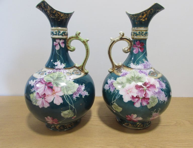image for Vintage Pair of Decorative large Green ornate handled Jugs Ewers Flowers