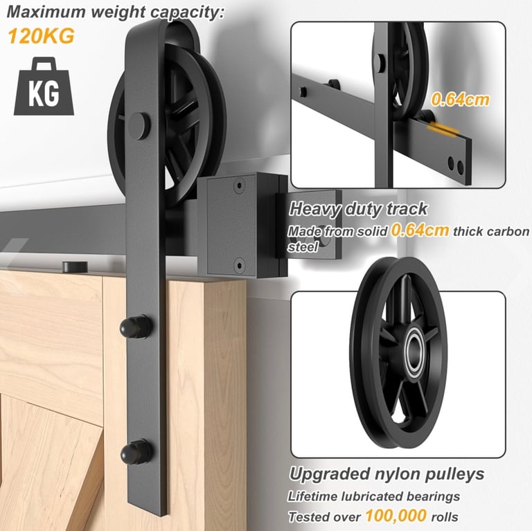 Sliding Barn Door Kit 6.6FTHeavy Duty Black Track, Single Wood, Big Wheel Design