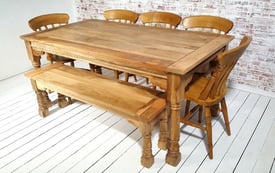 Farmhouse Extending Rustic Dining Table Natural Hardwood Finish with Matching Benches & Chairs