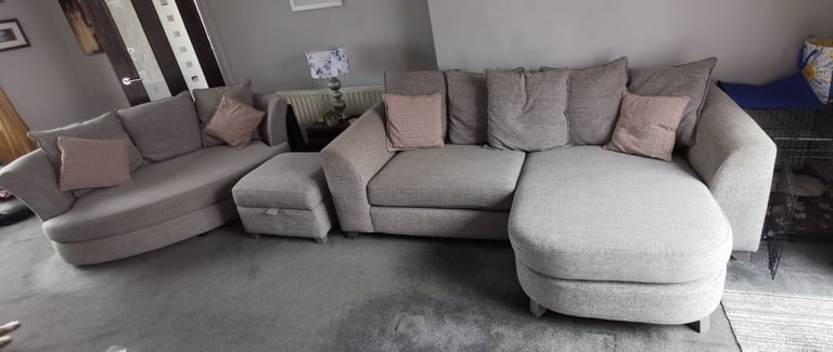 Dfs Grey L Shaped sofa with large sofa chair and pouffee