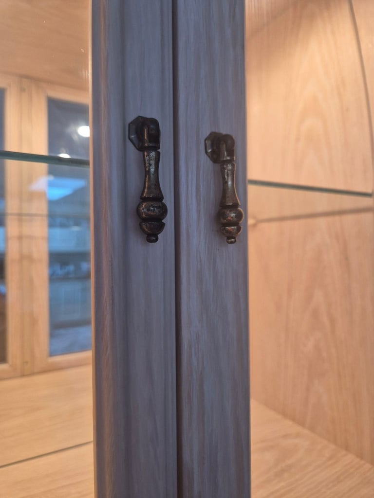 G Plan Limed Oak Large Display Mirrored Cabinet in limed oak with lighting and glass doors.