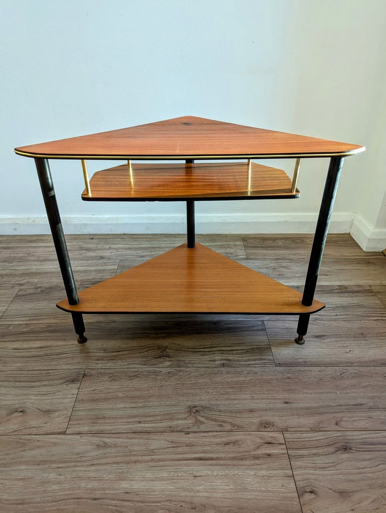 image for Mid century teak black and gold corner unit media stand vintage retro