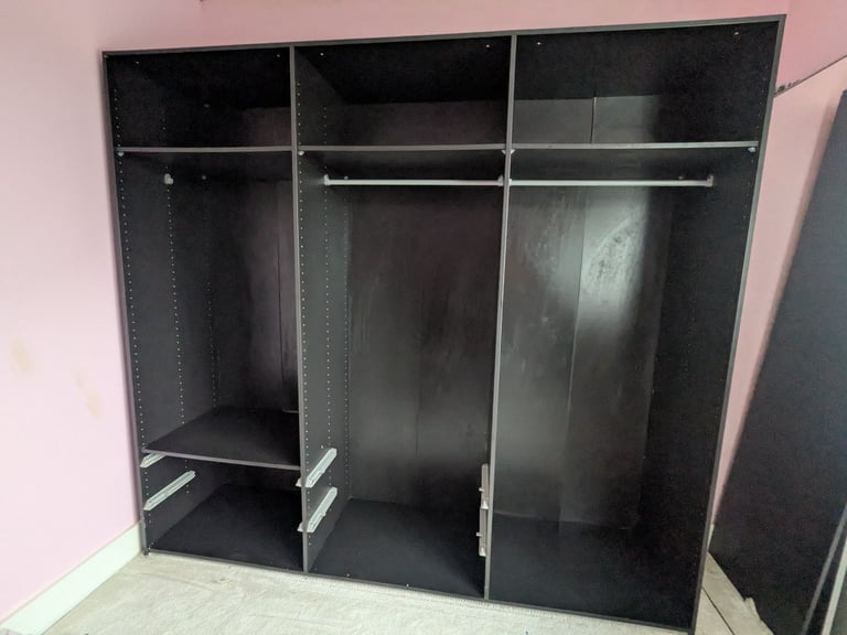 Black Ikea Pax 3 sliding mirror doors triple wardrobe 5 shelfs 3 rails 4 baskets