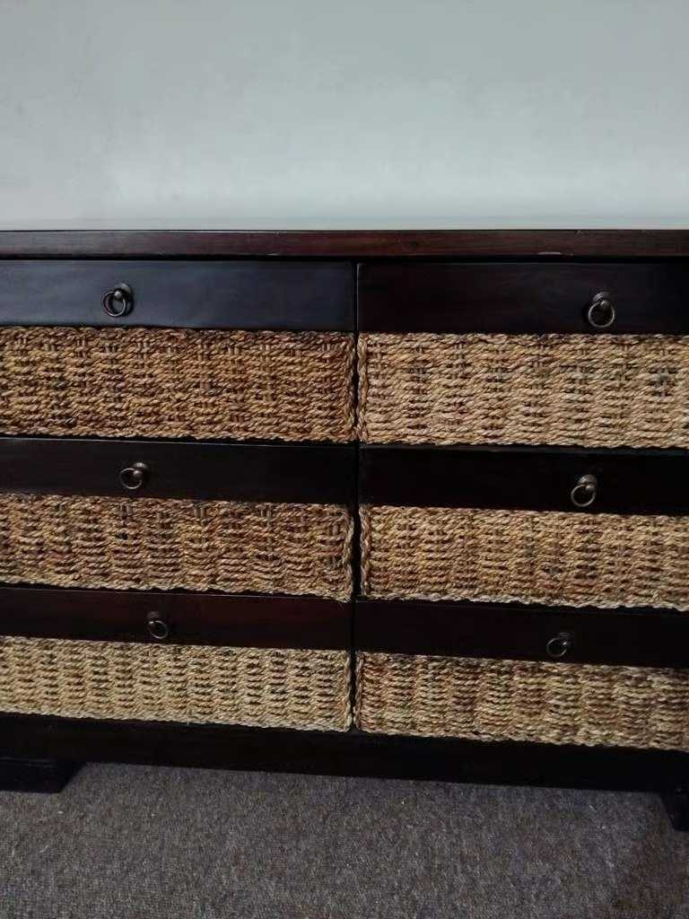 Excellent Quality and Great Condition Heavy Dark Wood and Wicker Chest of Drawers With 6 Drawers