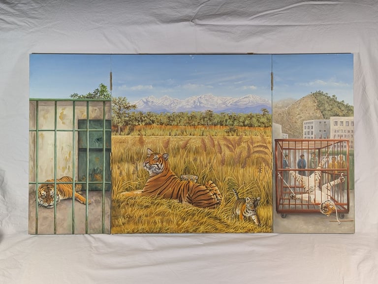 image for Original oil painting - Tiger Triptych, oil on hinged board, art artwork