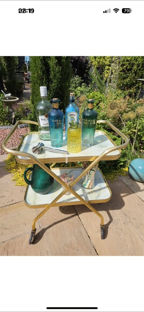 Vintage Retro Folding Cocktail Drinks Tea Hostess Trolley 2 Tier Gold Marble