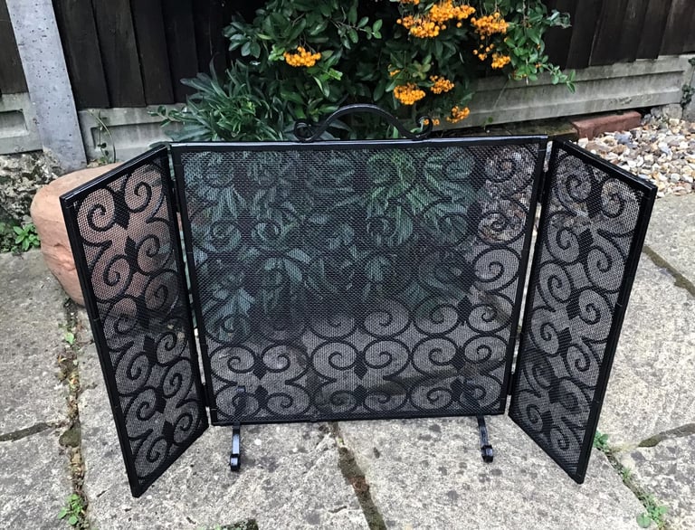 image for Heavy Hinged Three section Scrolled Metal and Spark Mesh Fireguard.