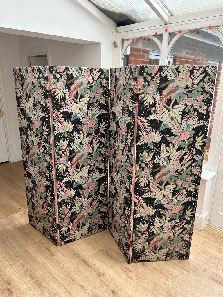4-Panel Folding Room Divider / Privacy Screen — Botanical Bird Print — Reversible
