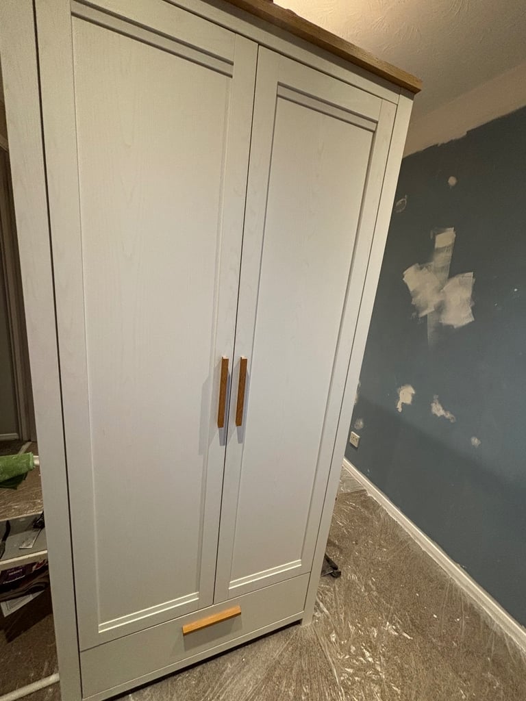 image for Homebase white wood wardrobe and bedside cupboard 