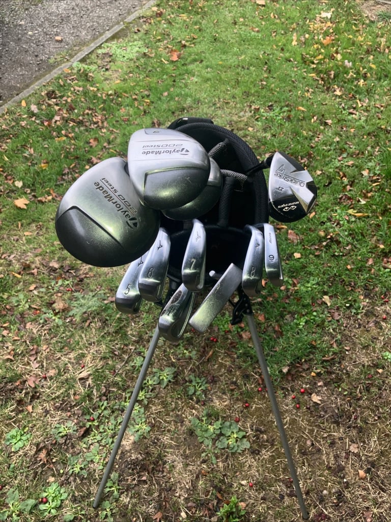 Men’s Golf Clubs Taylormade Steel Woods Mizuno Irons Trilogy Putter Stand Bag 