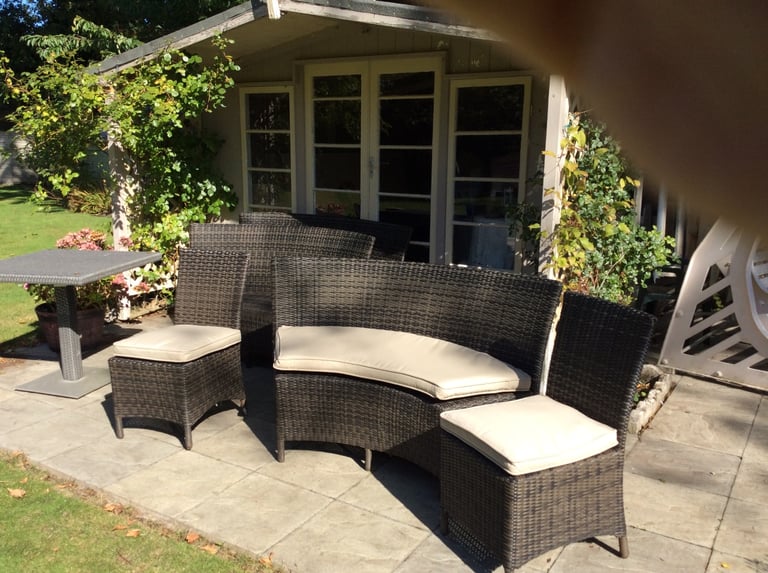 image for Rattan bench with 2 chairs inc cushions which are in perfect condition 