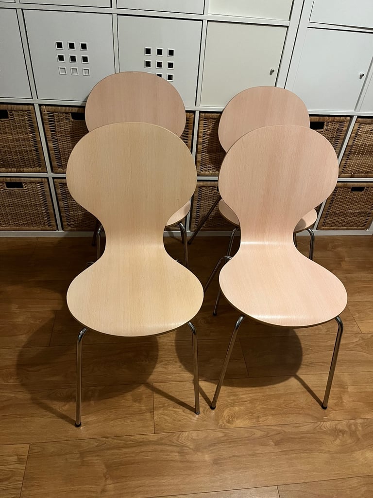 image for Set of 4 Habitat Bentwood Metal Dining Table Chairs Stackable Kitchen Seats Matching Wooden Beech