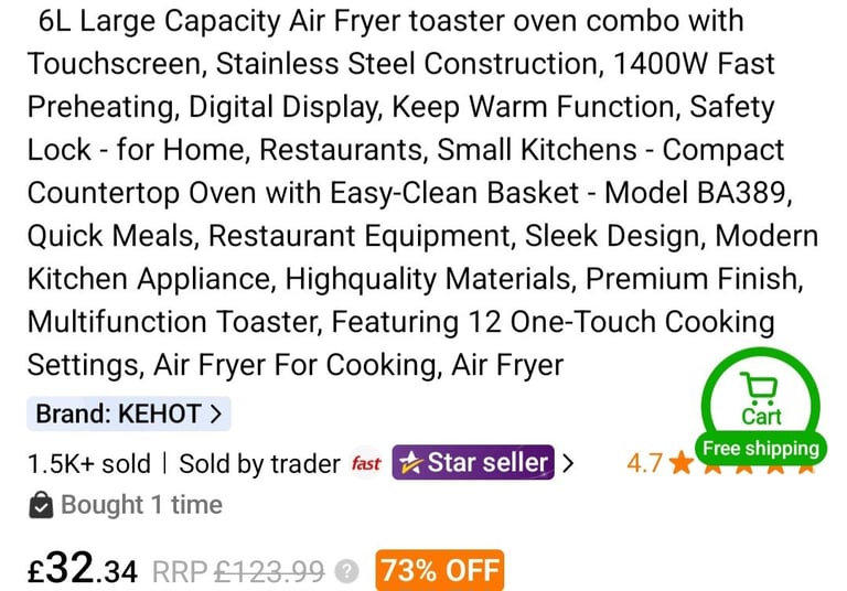 6L glass digital air fryer. Ex con