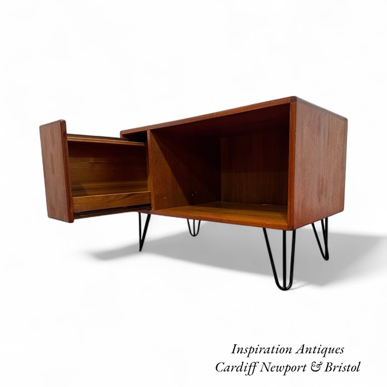 image for Vintage Midcentury Teak Danish Denmark Media  Cabinet Record Player Stand HiFi Shelf Hairpin Legs 