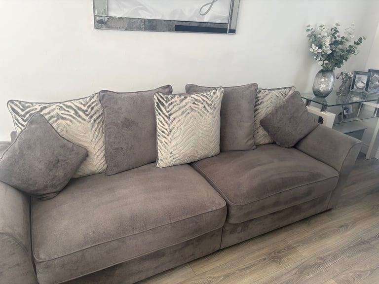 Grey fabric sofa 4 seater cuddle chair and footstool 