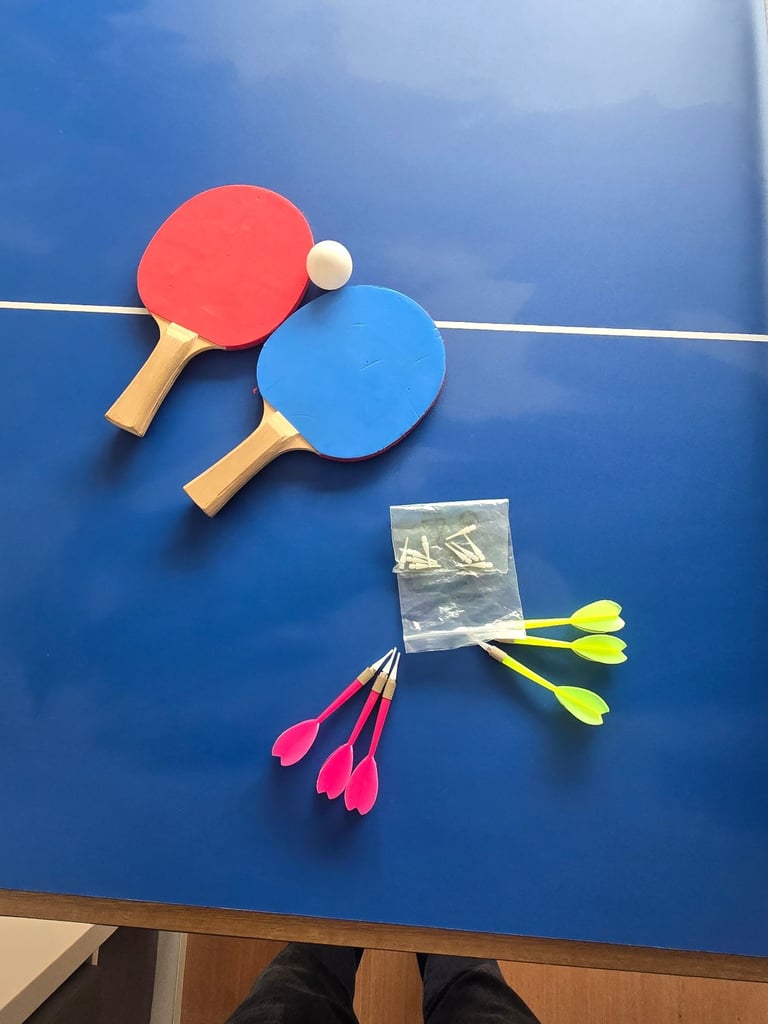 Fold up pool table, table tennis and darts