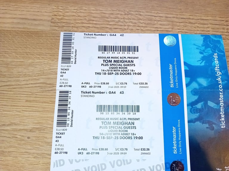 2 x TOM MEIGHAN Gig Edinburgh Liquid Rooms THU 18TH Sept 2025