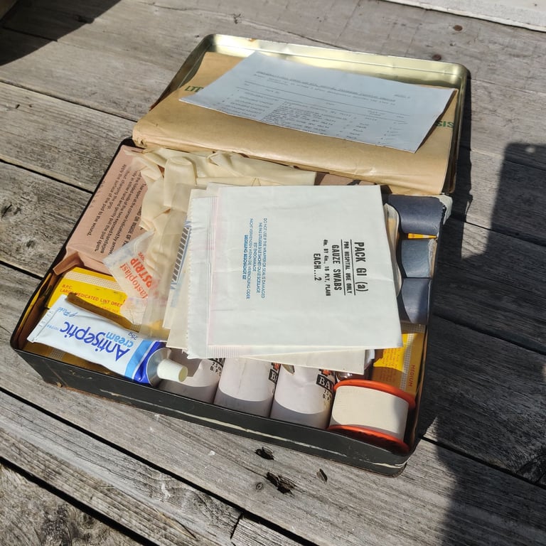Vintage British army Land rover first aid kit.