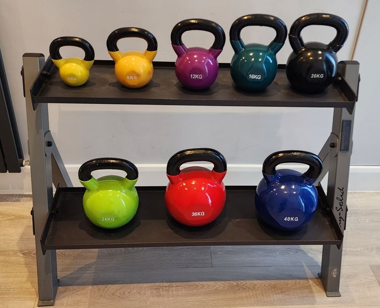 4-41kg cast iron neoprene kettlebell set & two tier rack *IMMACULATE*