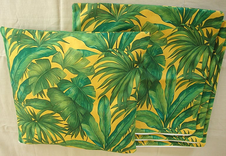 4 cushion covers 40cm x 40cm, (16 x 16 inches), Tropical foliage green & yellow, new