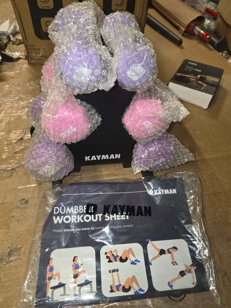 A new ( slight seconds) sets of three pairs of dumbell weights with stand 