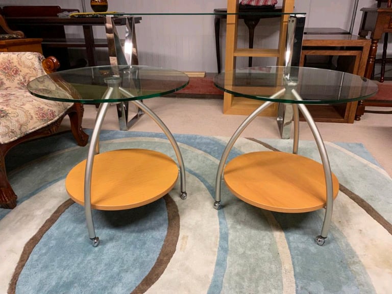Pair of Round Glass Top Side Tables EXCELLENT CONDITION 