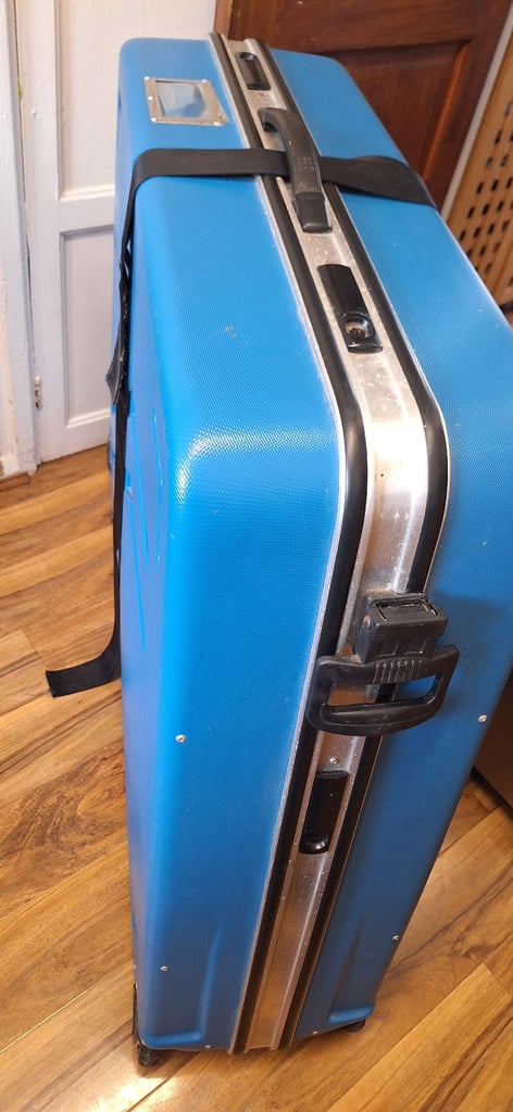 Hard wheeled case for transporting a bicycle eg to take on a plane journey. 
