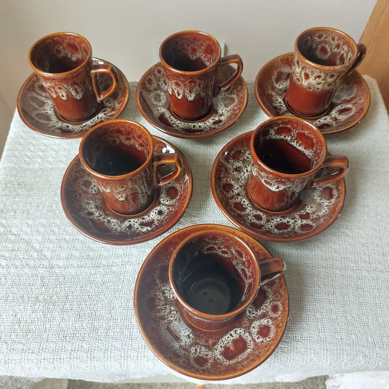 Six Vintage Cornwall Kernewek Pottery Cups And Saucers 