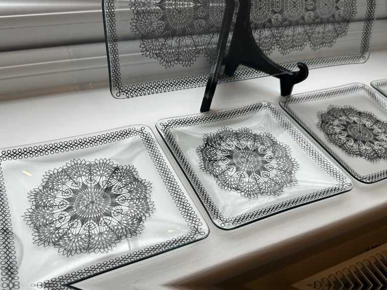 Vintage Chance Bothers Black Glass Rectangular Dish with 'Lace' Design Early 1950s