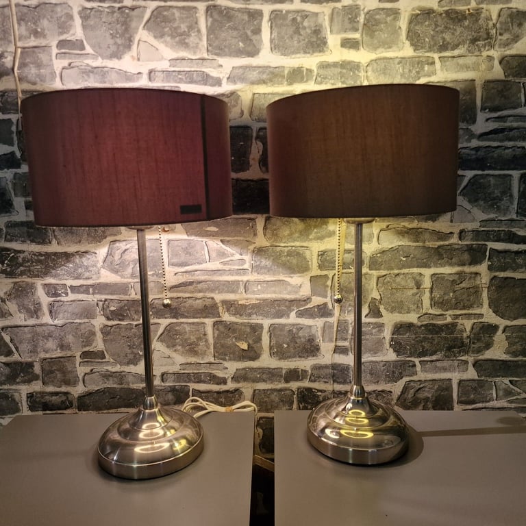 Pair of Modern Chrome Table Lamps with Brown Fabric Shades