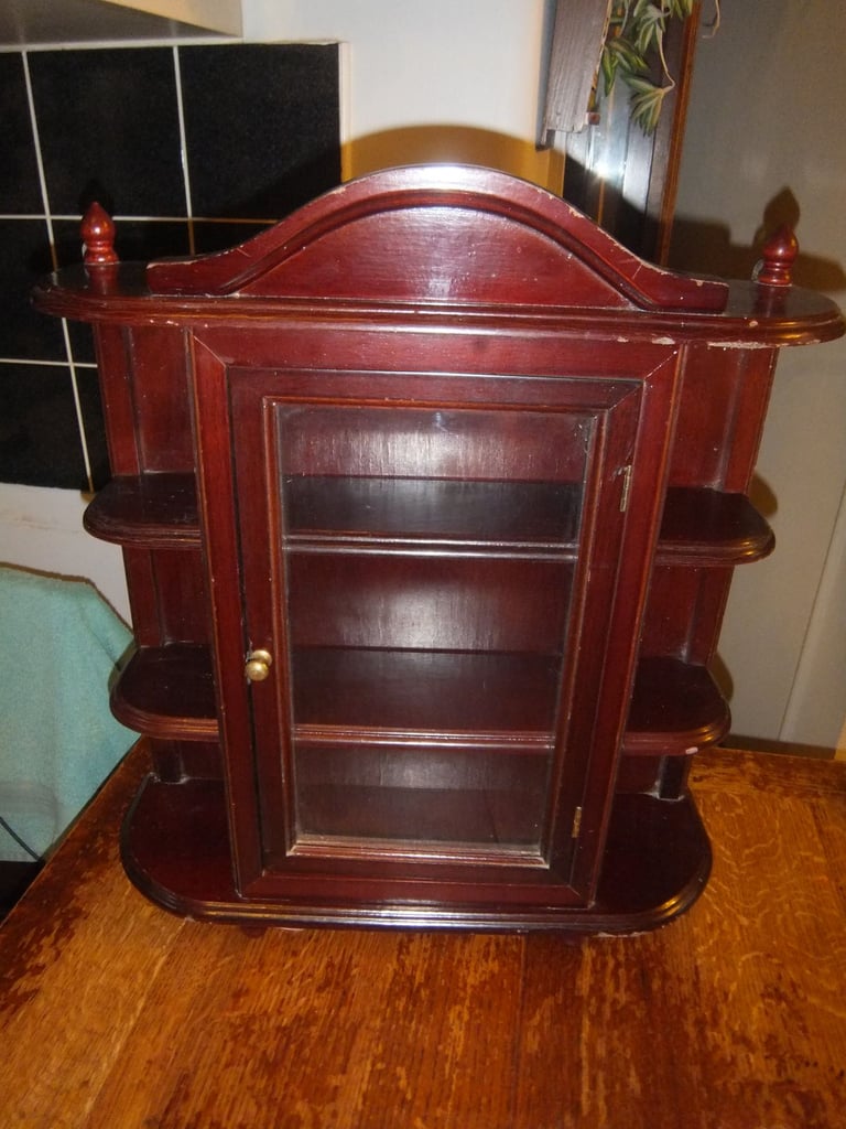 Vintage Wooden Display Cabinet Hanging or Tabletop with Glass Door 52x46cm